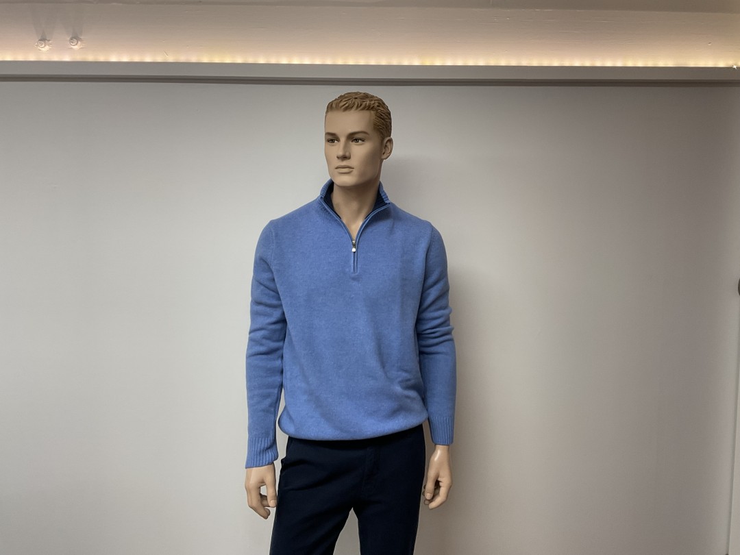 Pull en maille de coton à col camionneur zippé - BLEU MARINE