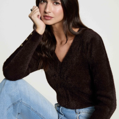 Arnaud vetements - Pull col v manches longues marron foncé