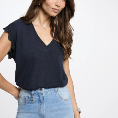 Arnaud vetements - T-shirt col v manches courtes bleu marine