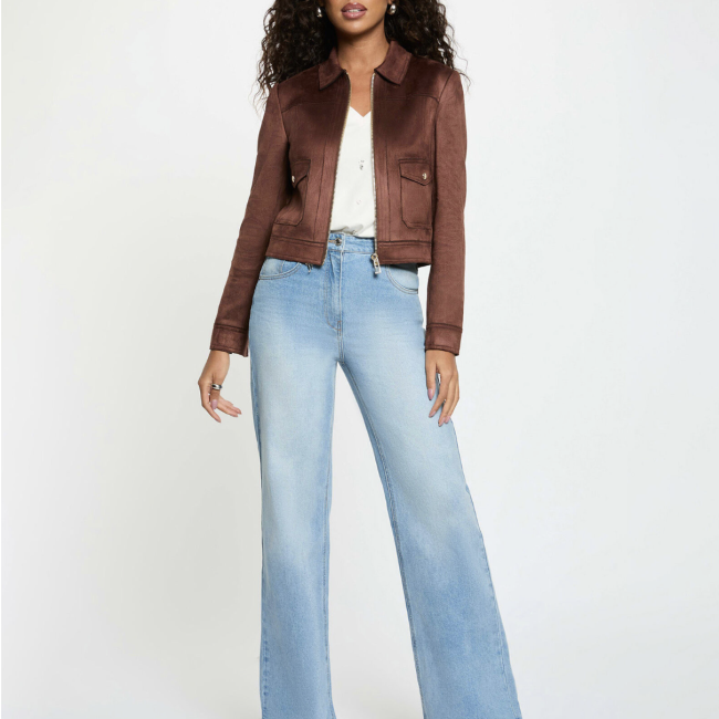 MORGAN - Blouson court suédine marron foncé