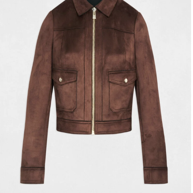MORGAN - Blouson court suédine marron foncé