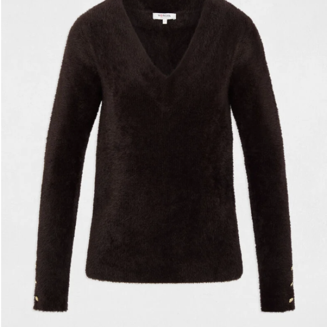 MORGAN - Pull col v manches longues marron foncé