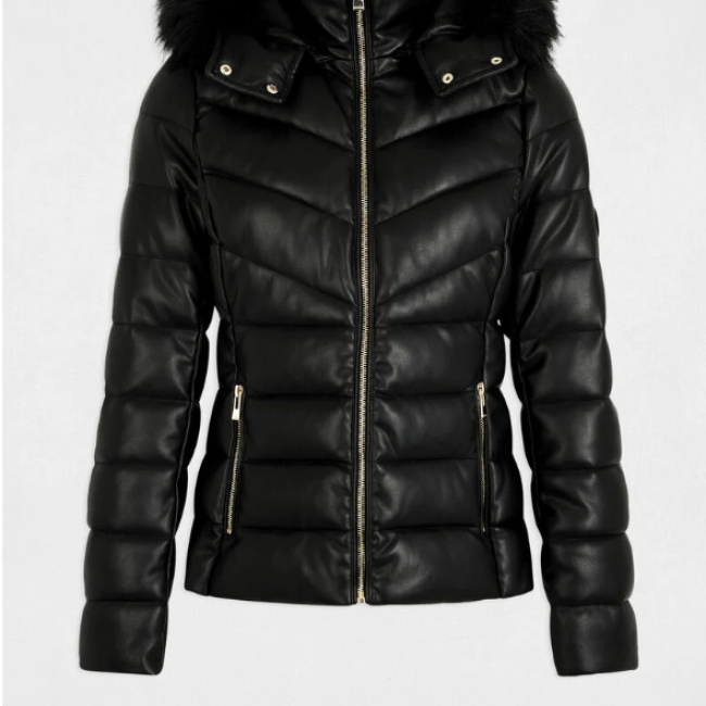 MORGAN - Doudoune simili cuir à capuche noir