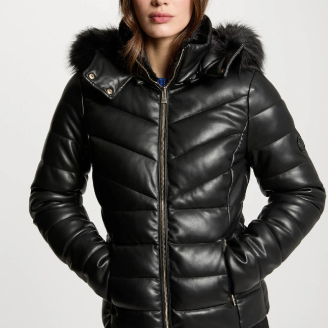 MORGAN - Doudoune simili cuir à capuche noir