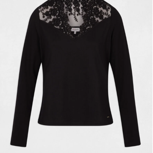 MORGAN - T-shirt col v dentelle noir
