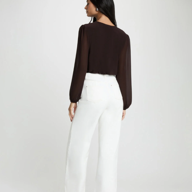 MORGAN - Blouse en voile col lavallière marron foncé