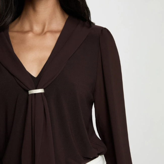 MORGAN - Blouse en voile col lavallière marron foncé