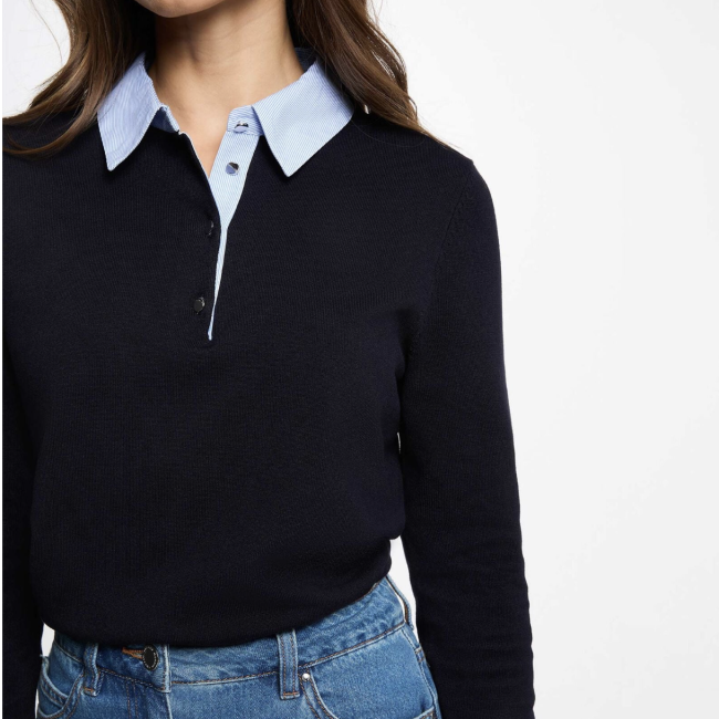 MORGAN - Pull col chemise bleu marine