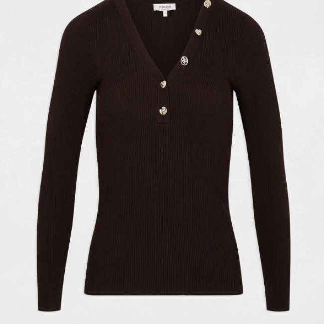 MORGAN - Pull col v fantaisie marron foncé