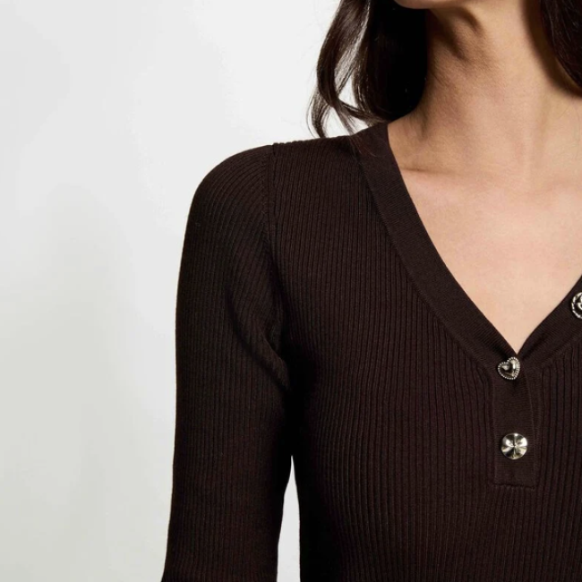 MORGAN - Pull col v fantaisie marron foncé