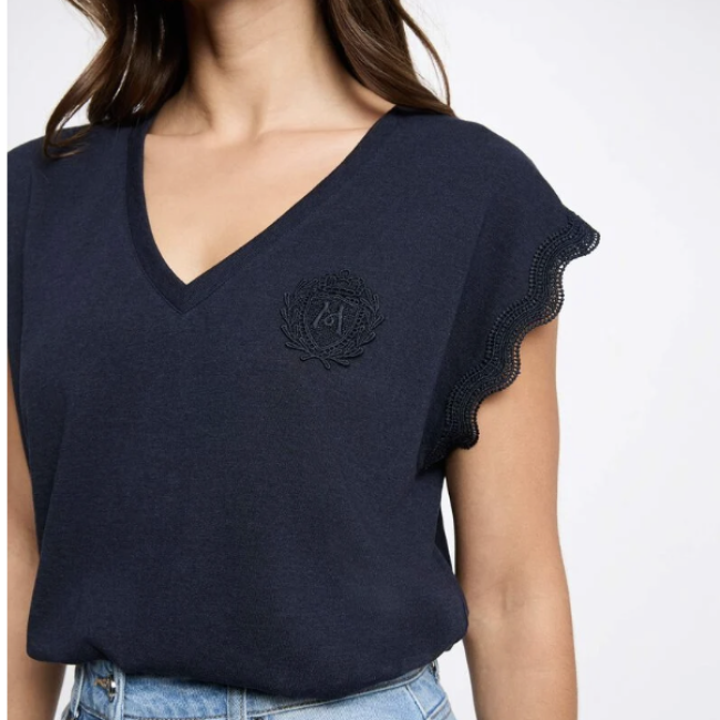 MORGAN - T-shirt col v manches courtes bleu marine