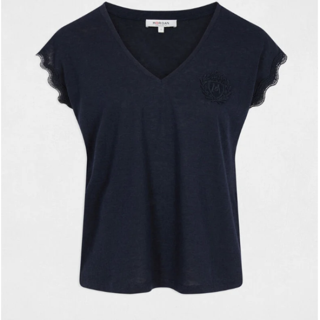 MORGAN - T-shirt col v manches courtes bleu marine