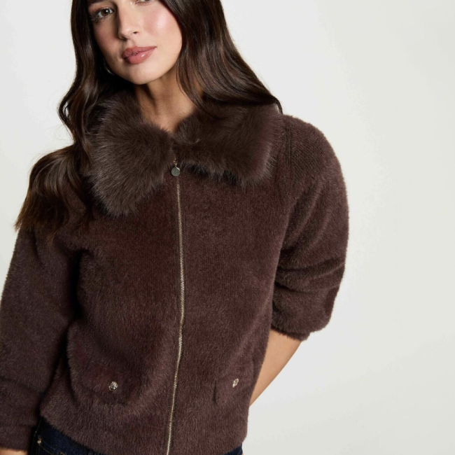 MORGAN - Veste avec col en fourrure marron foncé