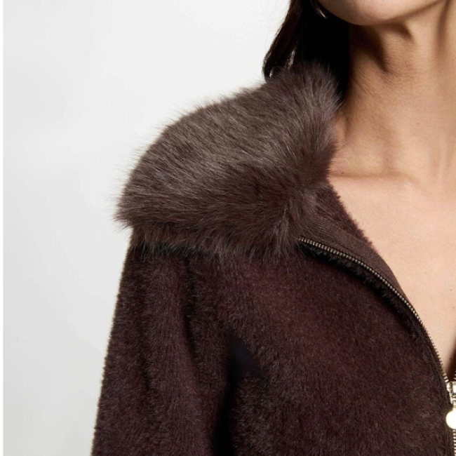 MORGAN - Veste avec col en fourrure marron foncé